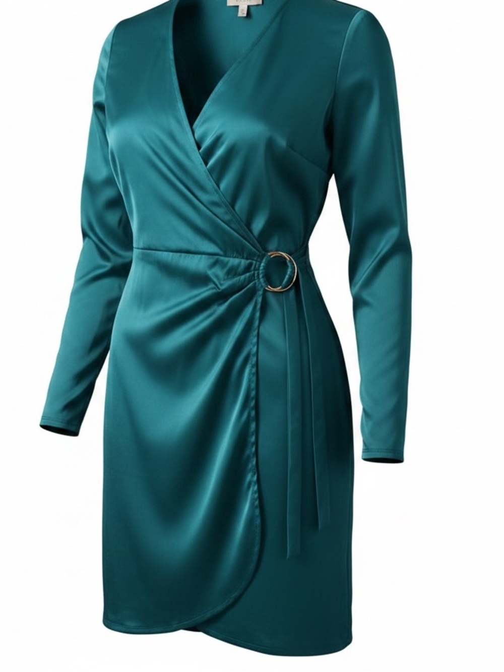 🆕 INC International Concepts Teal Satin Wrap Dress Gold Ring Detail M